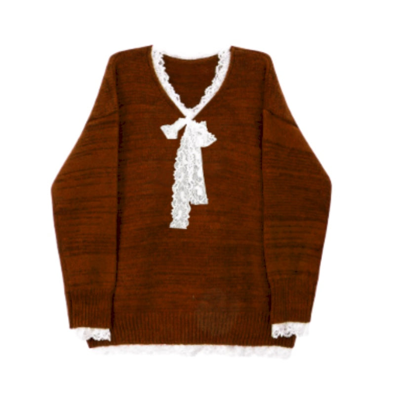 Brown Sweater with Lace Panel Detail