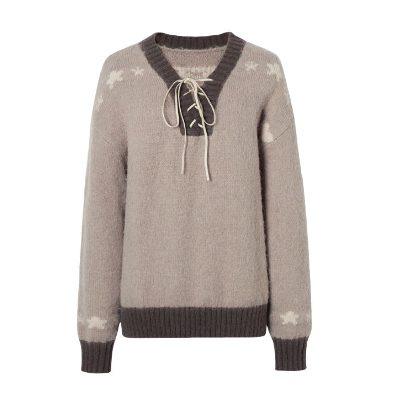V-Neck Sweater with Contrast Color Tie Detail
