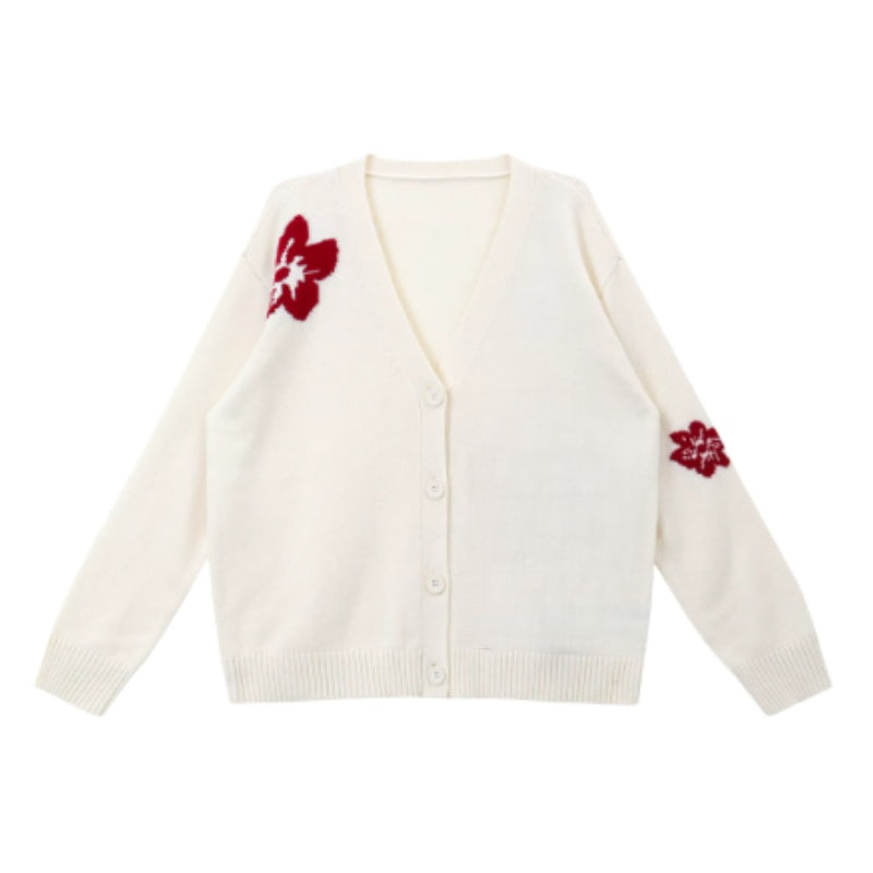 White Sweater with Floral Intarsia Knit Design